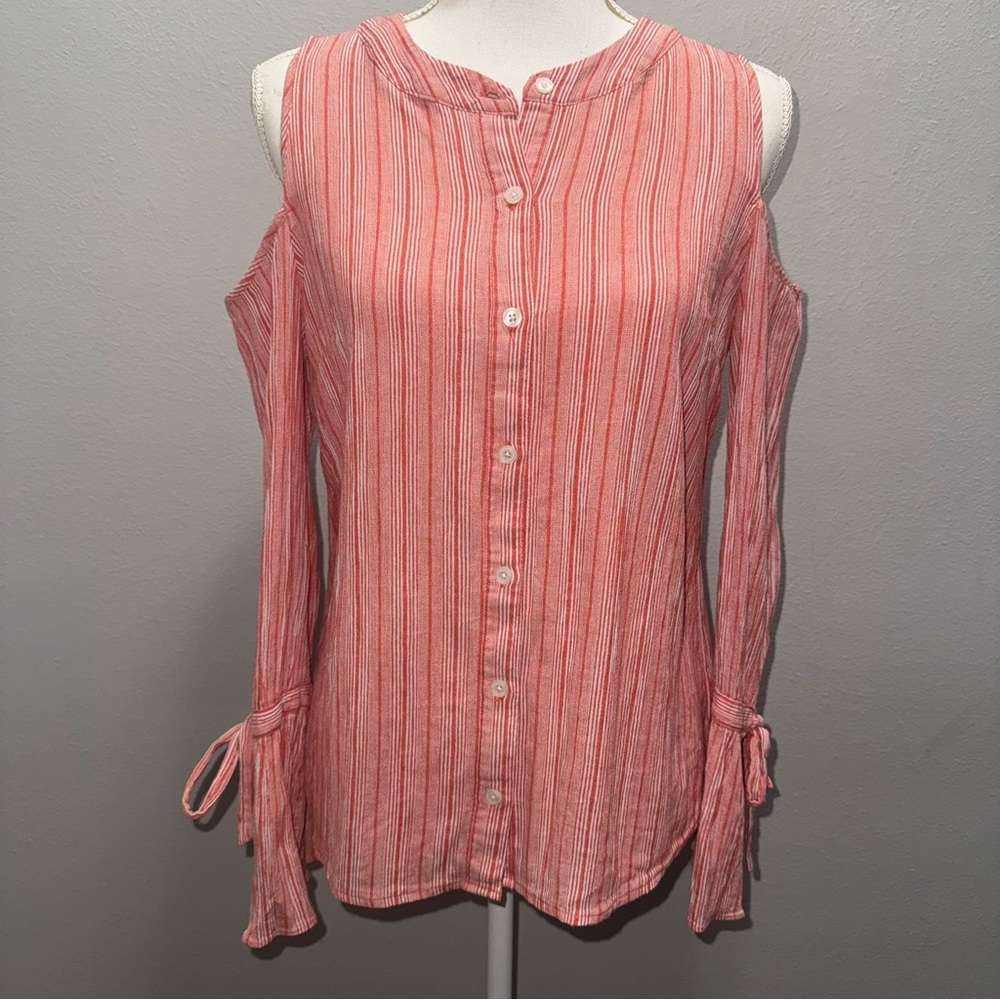 Michael Kors Button Blouse Womens Med Orange White Stripped Cold Shoulder Shirt